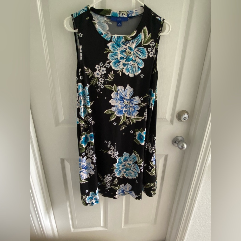Apt 9 Sleeveless Shift Dress Blue Black Turquoise Floral Pockets Puff Stitch